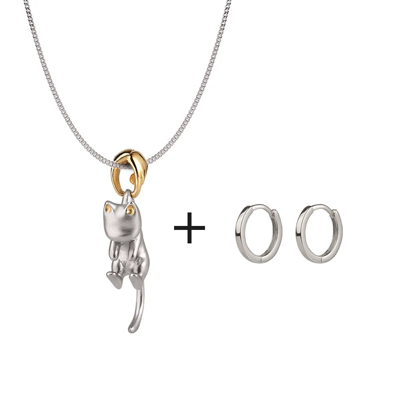 Sterling Silver Cat Jewelry Set – Pendant Necklace & Hoop Earrings