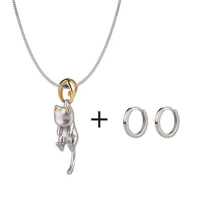 Sterling Silver Cat Jewelry Set – Pendant Necklace & Hoop Earrings